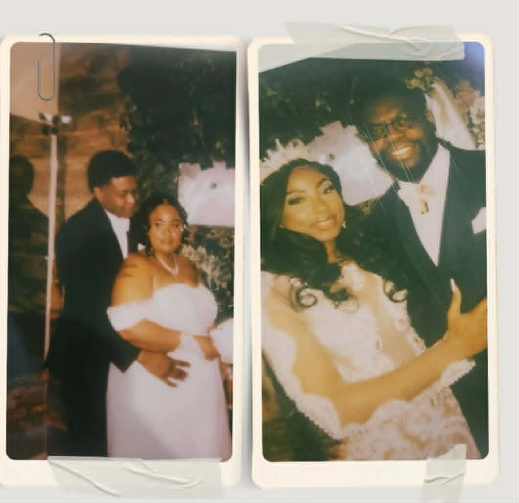 Two Polaroid photos of couples at their wedding ceremonies